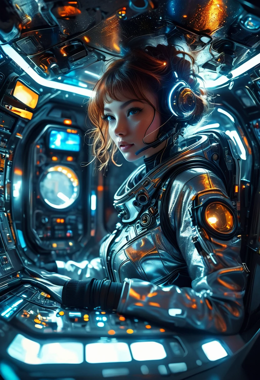 a futuristic astronaut in a space capsule, control panel, high-tech interior, metal and glass materials, atmospheric lighting, dramatic cinematic composition, intricate details, photorealistic, concept art style