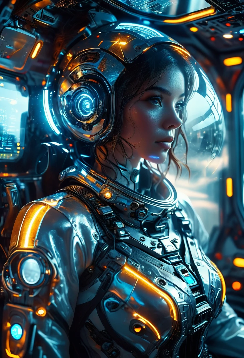 a futuristic astronaut in a space capsule, control panel, high-tech interior, metal and glass materials, atmospheric lighting, dramatic cinematic composition, intricate details, photorealistic, concept art style