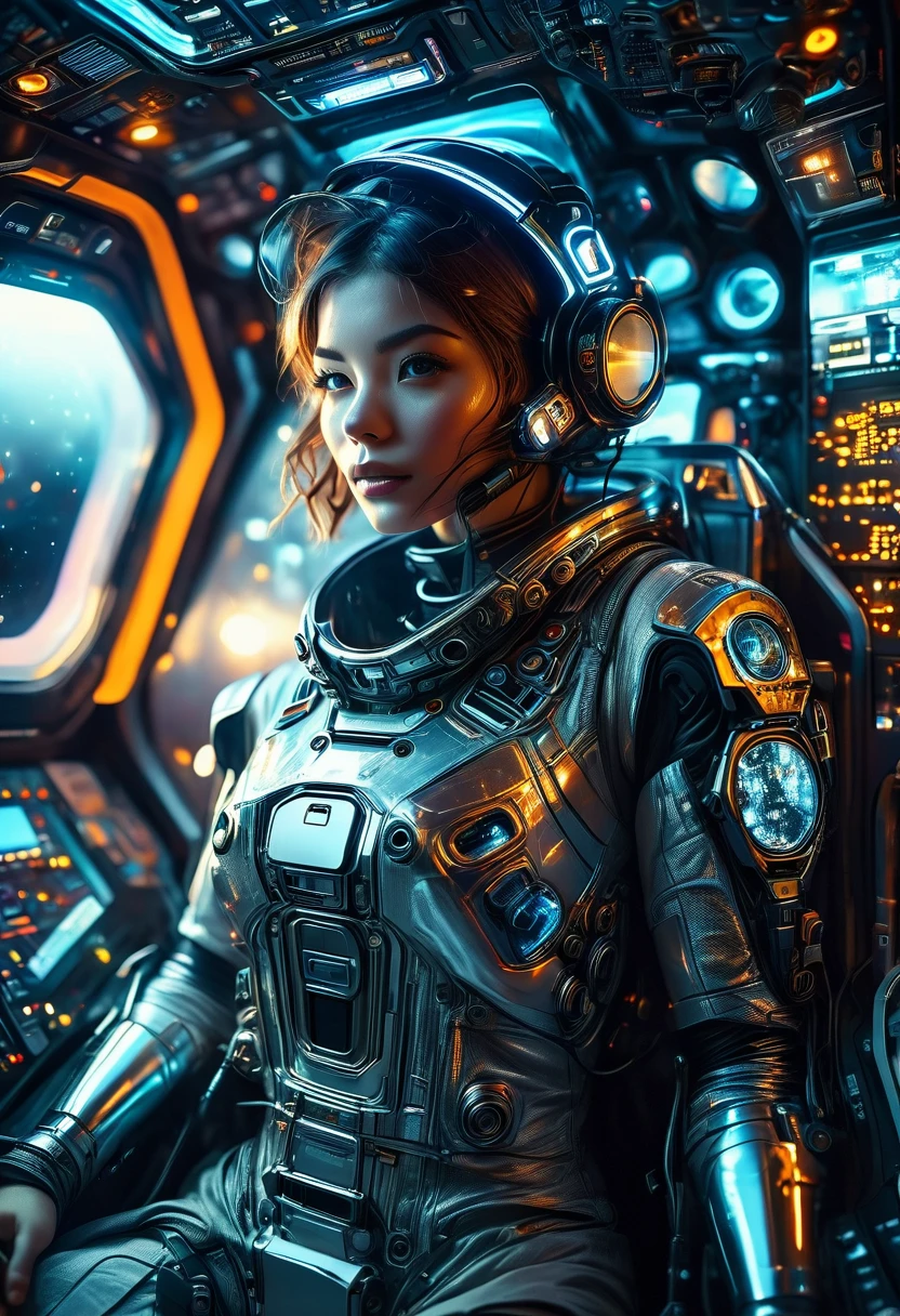 a futuristic astronaut in a space capsule, control panel, high-tech interior, metal and glass materials, atmospheric lighting, dramatic cinematic composition, intricate details, photorealistic, concept art style