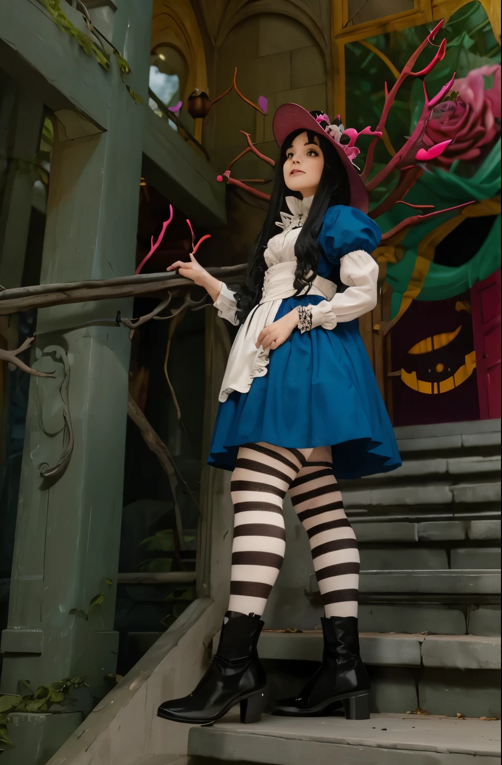 (Best quality, 8k, 32k, Masterpiece, UHD:1.2), "Transform the scene into the whimsical and surreal Wonderland from Tim Burton's Alice in Wonderland movie. Picture a fantastical landscape filled with vibrant colors, twisted shapes, and eccentric details that defy the laws of nature.
The sky is a swirling blend of deep purples and electric blues, dotted with fluffy, oversized clouds. The ground is a patchwork of lush, green meadows and peculiar, brightly colored flowers that seem to have a life of their own. Enormous mushrooms, in a variety of shapes and sizes, tower above, casting curious shadows.
In the distance, you can see the towering, whimsical architecture of the Queen of Hearts' castle, with its heart-shaped turrets and red-and-black color scheme. A winding path, paved with mismatched stones, leads through the landscape, inviting exploration. Along the path, you'll encounter all manner of strange and enchanting creatures, from the mischievous Cheshire Cat, with his wide grin and glowing eyes, to the endearing yet peculiar White Rabbit, always in a hurry.
The trees are gnarled and twisted, with branches that reach out like skeletal hands, some adorned with glowing lanterns and peculiar fruits. The foliage is dense and full of surprises, with occasional glimpses of fantastical creatures peeking through.
The overall atmosphere is one of enchantment and curiosity, with a touch of darkness and mystery, capturing the unique and magical essence of Tim Burton's Wonderland. Every element should be infused with a sense of whimsy and wonder, transforming the setting into a place where the impossible becomes possible." ((queen of Hearts)) ((throne Room))