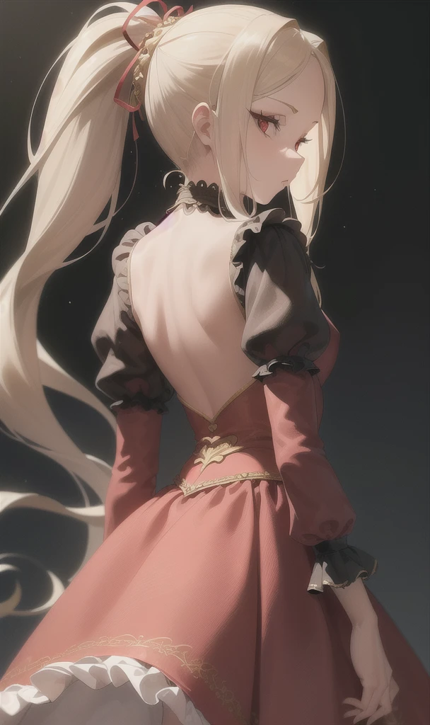 (masterpiece, best quality:1.2), extremely detailed, NSFW, detailed hair, soft skin,
1girl, solo, standing, upper body, from behind,
blonde hair, long hair, high ponytail, long ponytail,
red eyes, long eyelashes, thick eyelashes, looking at viewer,
red dress, backless dress, ornate dress, puffy skirt, long skirt, puffy sleeves, juliet sleeves, long sleeves,
nude,
black background,