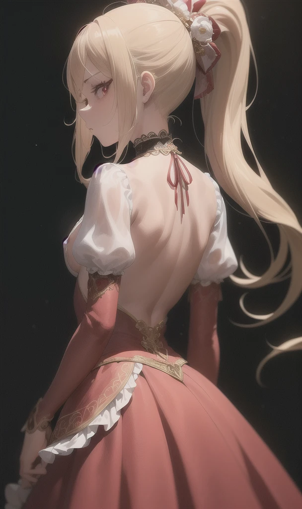 (masterpiece, best quality:1.2), extremely detailed, NSFW, detailed hair, soft skin,
1girl, solo, standing, upper body, from behind,
blonde hair, long hair, high ponytail, long ponytail,
red eyes, long eyelashes, thick eyelashes, looking at viewer,
red dress, backless dress, ornate dress, puffy skirt, long skirt, puffy sleeves, juliet sleeves, long sleeves,
nude,
black background,