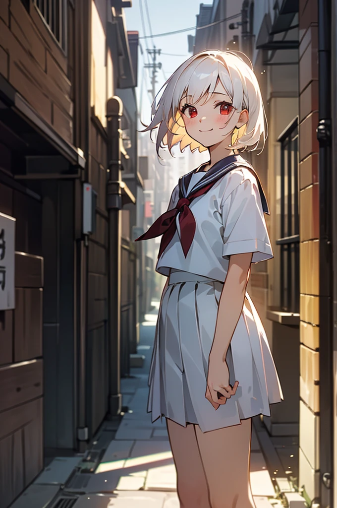 ((masterpiece,Highest quality, High resolution)), One girl, alone, Red eyes, Short white hair, smile, Sailor suit, Short sleeve, White pleated skirt, (Cute illustrations:1.2), (alley), Dramatic Light, afternoon, Bokeh effect
