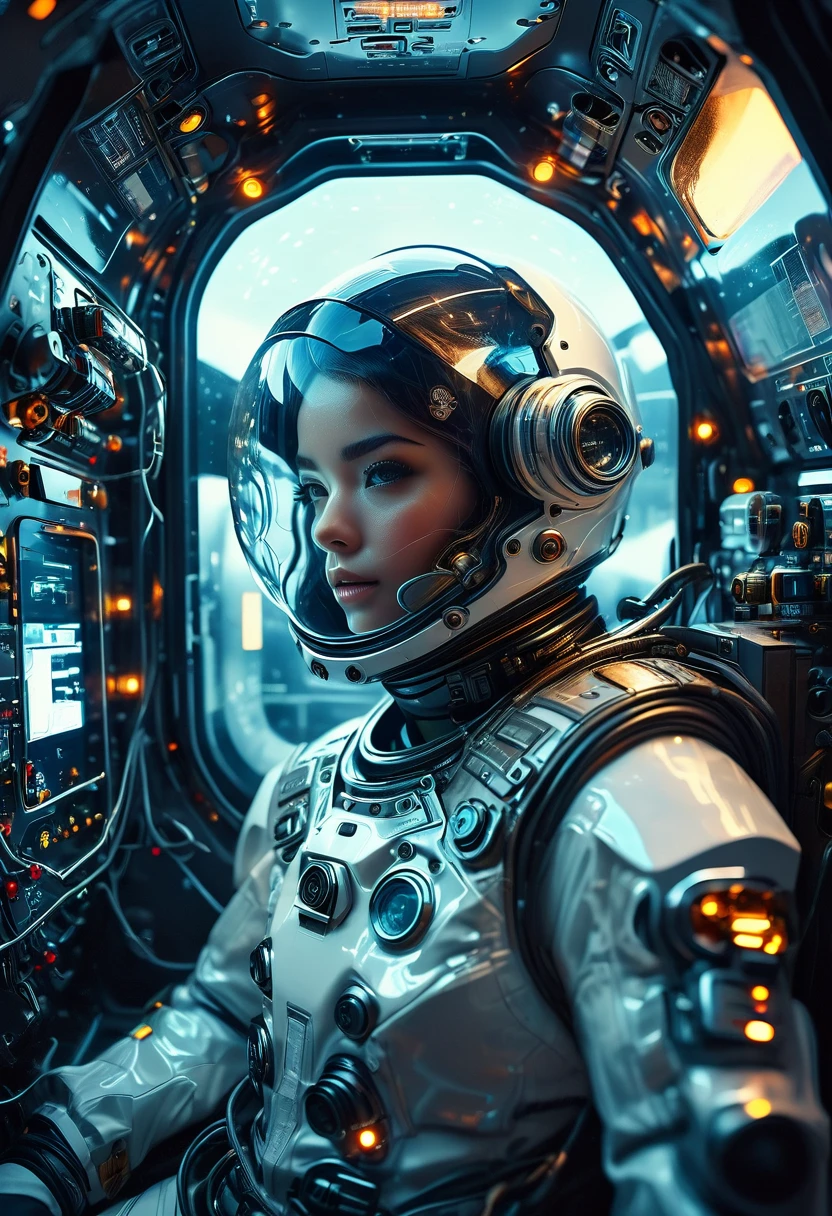 a futuristic astronaut in a space capsule, control panel, high-tech interior, metal and glass materials, atmospheric lighting, dramatic cinematic composition, intricate details, photorealistic, concept art style