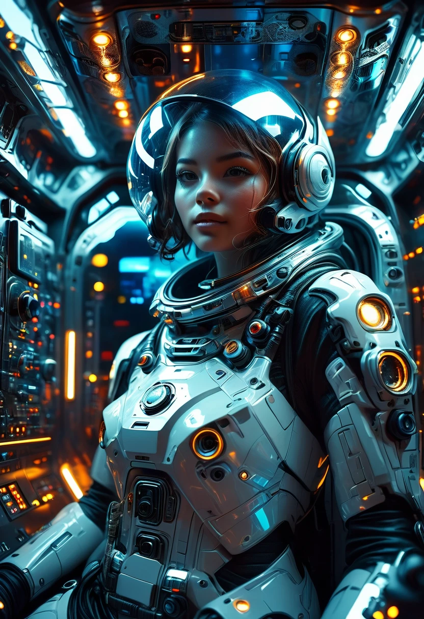 a futuristic astronaut in a space capsule, control panel, high-tech interior, metal and glass materials, atmospheric lighting, dramatic cinematic composition, intricate details, photorealistic, concept art style