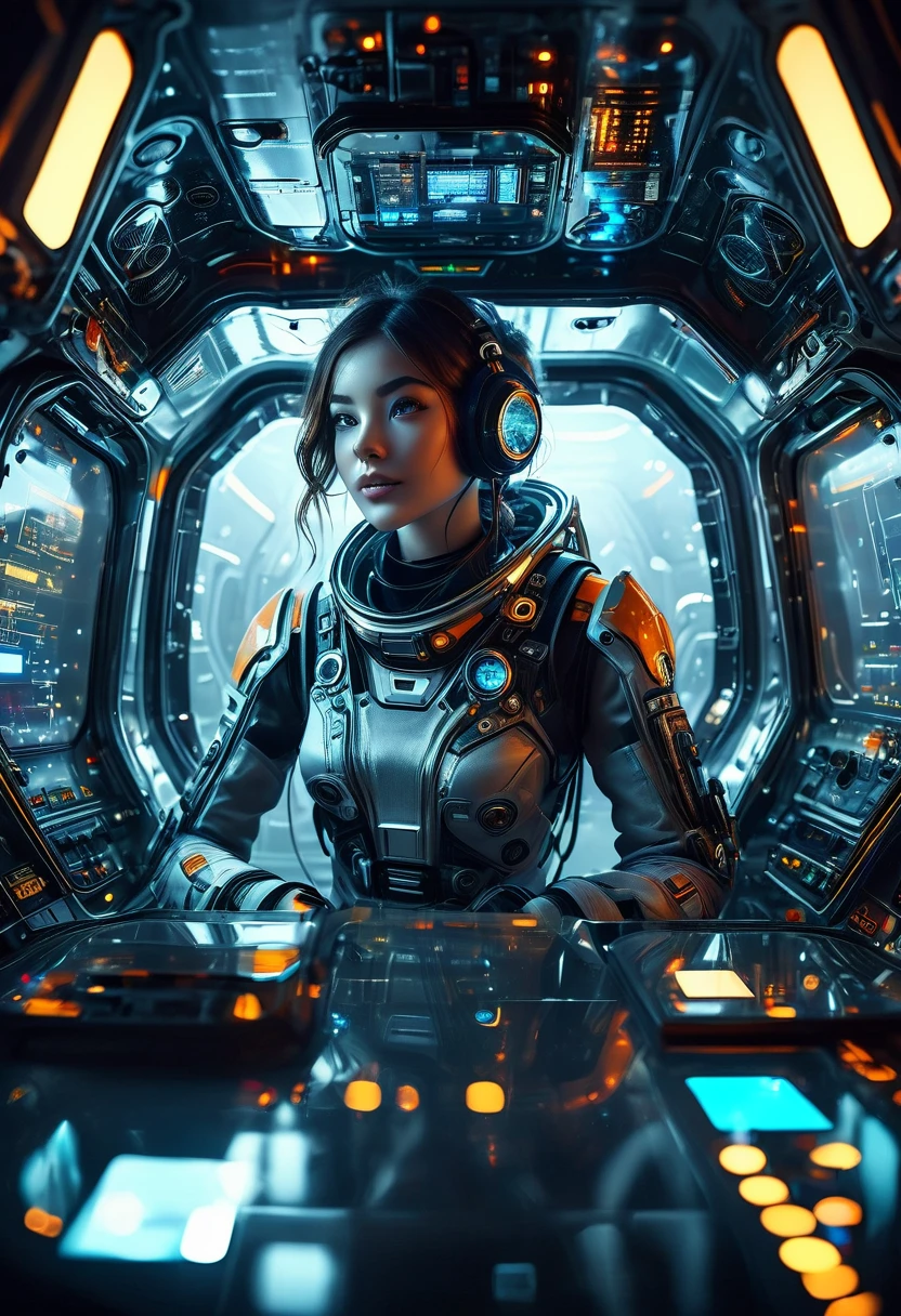 a futuristic astronaut in a space capsule, control panel, high-tech interior, metal and glass materials, atmospheric lighting, dramatic cinematic composition, intricate details, photorealistic, concept art style