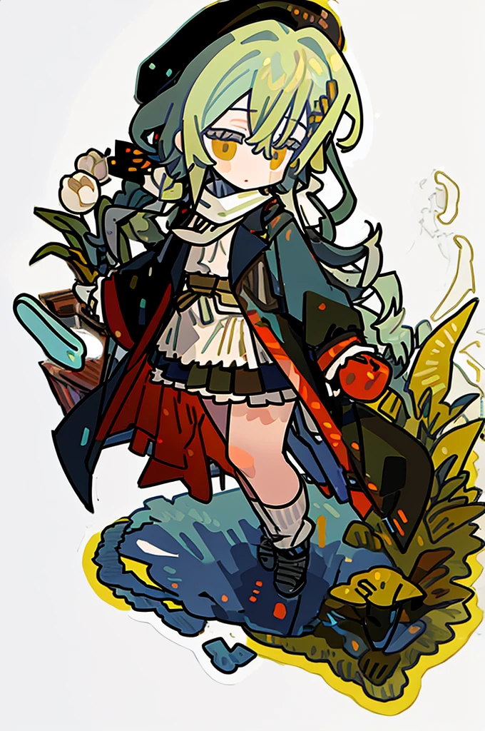 A girl，（Standing picture），（whole body），Character Design，Long hair，Fashion Design，Complex headdress，Complex clothes，cute，scarf，Everyday wear，Green hair，hat，apple，lace，Complex clothes，Skeleton，（Floral bud skirt），White and black skirt，blue crystal，Braid