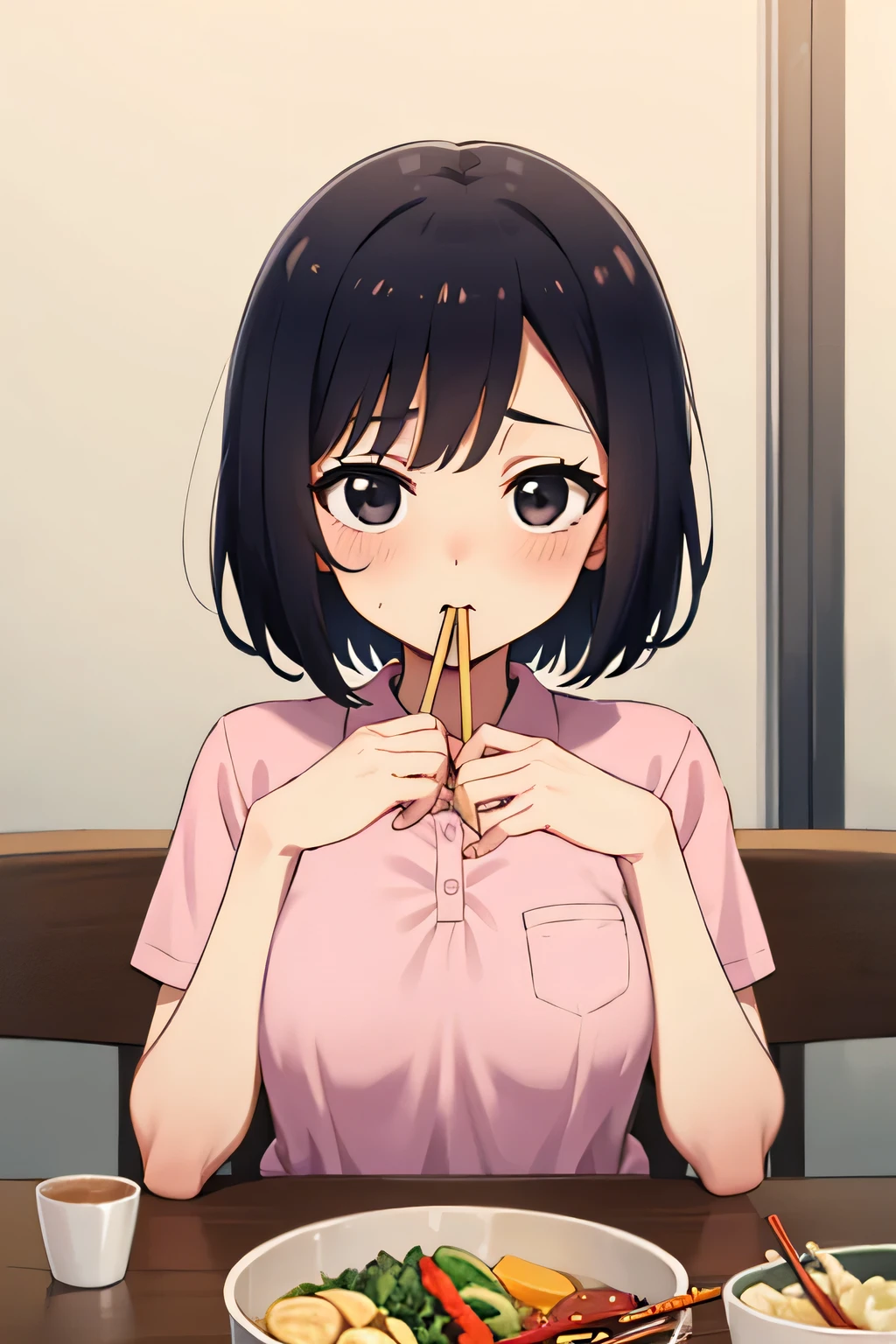 Highest quality, High resolution, 1.female, black eyes bento cute pink polo shirt small breasts short hair, Black Hair, table chair, Sitting,  Focus on face Perfect chopsticks in right hand Cum in mouth Male genitalia Upper body only Fellatio