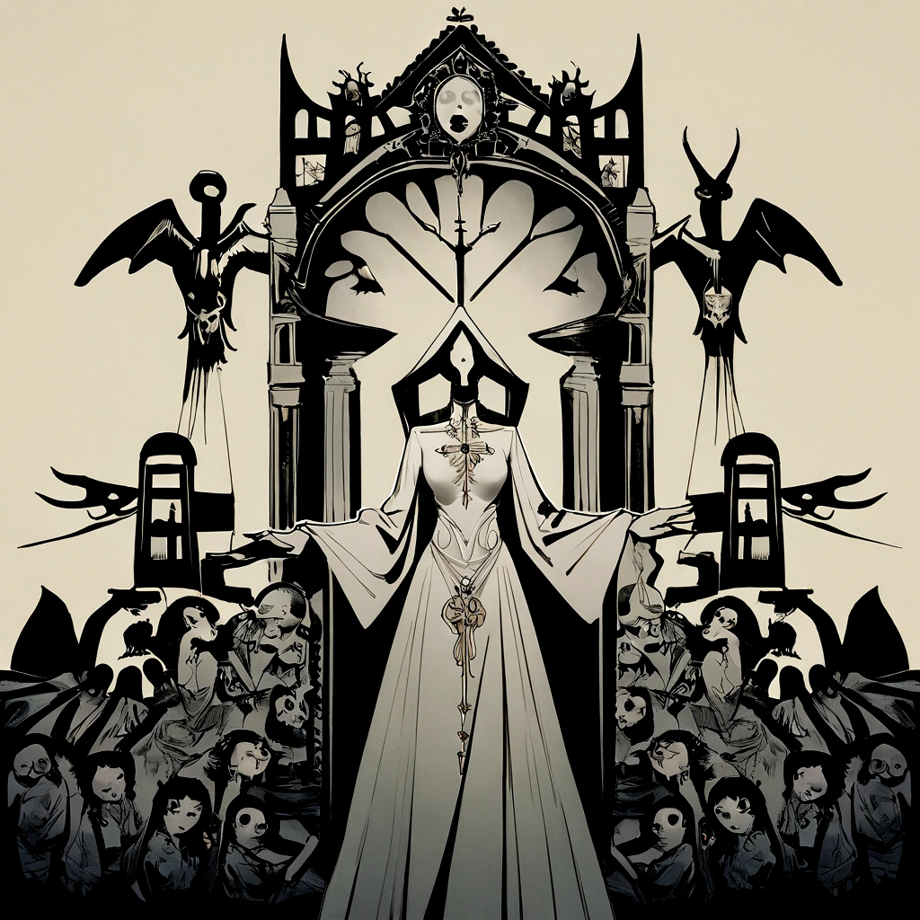 medium shot, Ceremonial dress, 1 woman, One, Walk through the Citadel, Looking at the viewer. Gothic. неоGothic. spray. In the style of Adriana Women, Esau Andrews, Jenny Saville, Edward Hopper, Surrealism, The Dark Art of James Jean, Takato Yamamoto, Ink punk minimalism. in the style of Tim Burton. Corpse Bride style.