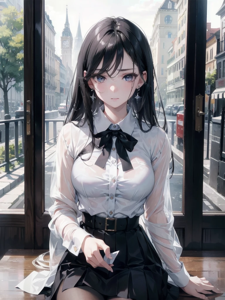 absurdres, RAW photo, extremely delicate and beautiful, masterpiece, Best Quality, ultra high resolution, 32k, hyperrealistic, ultra-detailed, in her 20s, delicate facial features, tearful mole, earring, medium breasts, full body shot, shorter middle black hair, skirt, button up shirt,