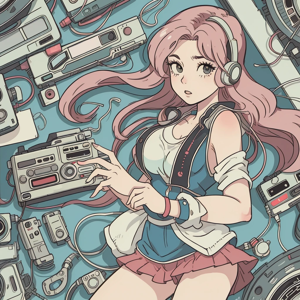 A woman holding a cassette tape is depicted.、It gives a feeling of nostalgia and retro music.。Detailed depictions of hair and expressive line drawings.、The illustration style is reminiscent of manga and anime.。