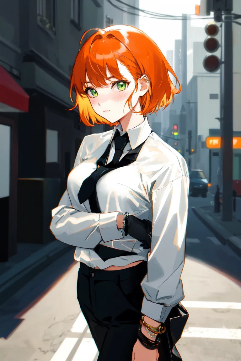 masterpiece, best quality, highly detailed background, perfect lighting, best quality, (extremely detailed face), volumetric lighting, intricate details, shadow, tonemapping, sharp focus, hyper detailed, trending on Artstation, (solo)
BREAK
(Blush, orange hair, green eyes, 25 years old, short hair, medium build, medium breasts ), (hands)
BREAK
((White shirt, long sleeve shirt, black pants, black tie, red bracelet))
BREAK
(city street )
BREAK
(Standing, facing_viewer,looking_at_viewer, light smile, closed mouth)