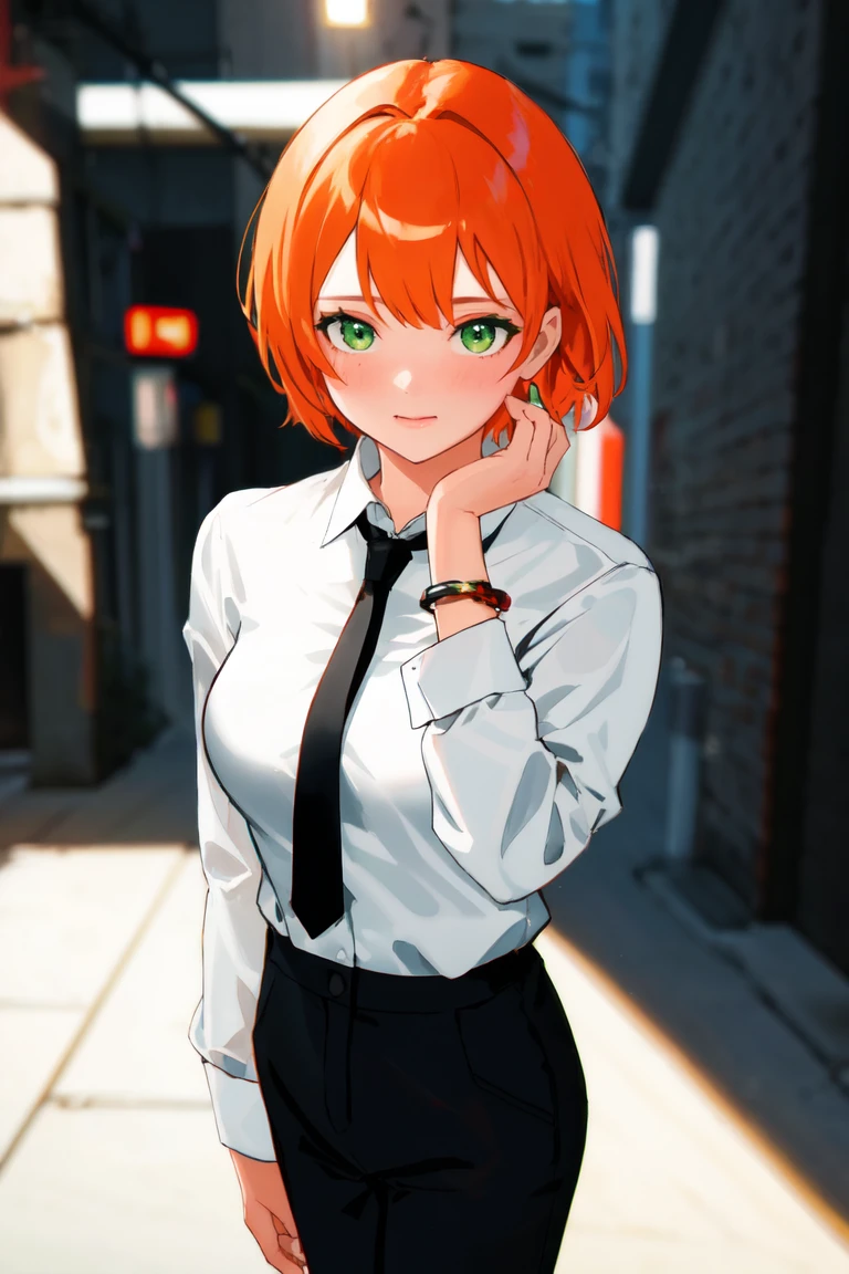 masterpiece, best quality, highly detailed background, perfect lighting, best quality, (extremely detailed face), volumetric lighting, intricate details, shadow, tonemapping, sharp focus, hyper detailed, trending on Artstation, (solo)
BREAK
(Blush, orange hair, green eyes, 25 years old, short hair, medium build, medium breasts ), (hands)
BREAK
((White shirt, long sleeve shirt, black pants, black tie, red bracelet))
BREAK
(city street )
BREAK
(Standing, facing_viewer,looking_at_viewer, light smile, closed mouth)