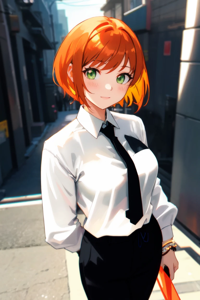 masterpiece, best quality, highly detailed background, perfect lighting, best quality, (extremely detailed face), volumetric lighting, intricate details, shadow, tonemapping, sharp focus, hyper detailed, trending on Artstation, (solo)
BREAK
(Blush, orange hair, green eyes, 25 years old, short hair, medium build, medium breasts ), (hands)
BREAK
((White shirt, long sleeve shirt, black pants, black tie, red bracelet))
BREAK
(city street )
BREAK
(Standing, facing_viewer,looking_at_viewer, light smile, closed mouth)