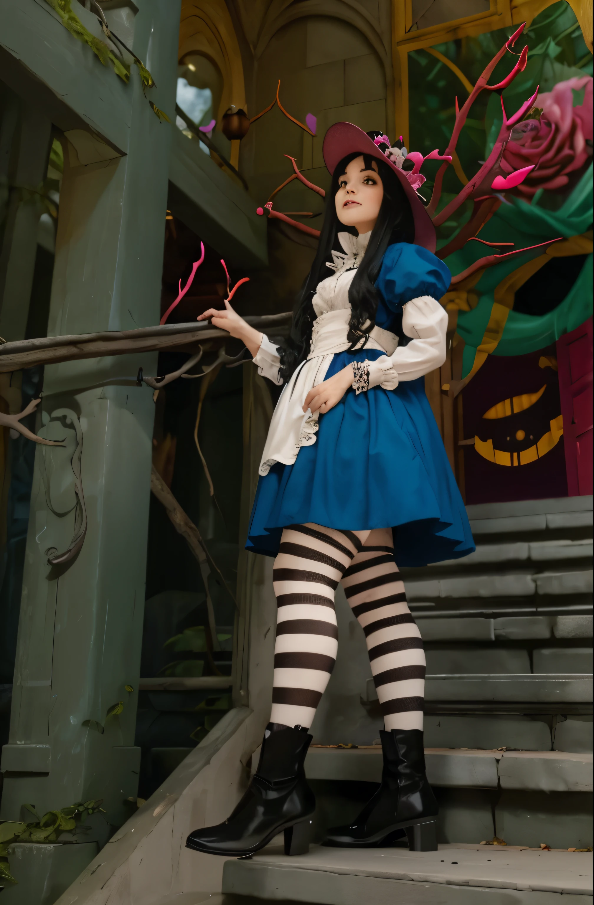 (Best quality, 8k, 32k, Masterpiece, UHD:1.2), "Transform the scene into the whimsical and surreal Wonderland from Tim Burton's Alice in Wonderland movie. Picture a fantastical landscape filled with vibrant colors, twisted shapes, and eccentric details that defy the laws of nature.
The sky is a swirling blend of deep purples and electric blues, dotted with fluffy, oversized clouds. The ground is a patchwork of lush, green meadows and peculiar, brightly colored flowers that seem to have a life of their own. Enormous mushrooms, in a variety of shapes and sizes, tower above, casting curious shadows.
In the distance, you can see the towering, whimsical architecture of the Queen of Hearts' castle, with its heart-shaped turrets and red-and-black color scheme. A winding path, paved with mismatched stones, leads through the landscape, inviting exploration. Along the path, you'll encounter all manner of strange and enchanting creatures, from the mischievous Cheshire Cat, with his wide grin and glowing eyes, to the endearing yet peculiar White Rabbit, always in a hurry.
The trees are gnarled and twisted, with branches that reach out like skeletal hands, some adorned with glowing lanterns and peculiar fruits. The foliage is dense and full of surprises, with occasional glimpses of fantastical creatures peeking through.
The overall atmosphere is one of enchantment and curiosity, with a touch of darkness and mystery, capturing the unique and magical essence of Tim Burton's Wonderland. Every element should be infused with a sense of whimsy and wonder, transforming the setting into a place where the impossible becomes possible." ((queen of Hearts)) ((throne Room))