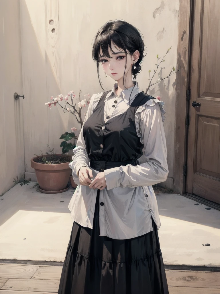 absurdres, RAW photo, extremely delicate and beautiful, masterpiece, Best Quality, ultra high resolution, 32k, hyperrealistic, ultra-detailed, in her 20s, delicate facial features, tearful mole, earring, medium breasts, full body shot, shorter middle black hair, skirt, button up shirt,