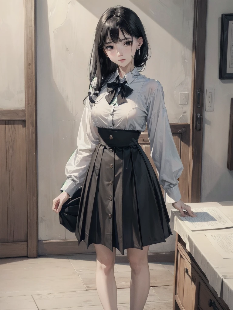 absurdres, RAW photo, extremely delicate and beautiful, masterpiece, Best Quality, ultra high resolution, 32k, hyperrealistic, ultra-detailed, in her 20s, delicate facial features, tearful mole, earring, medium breasts, full body shot, shorter middle black hair, skirt, button up shirt,