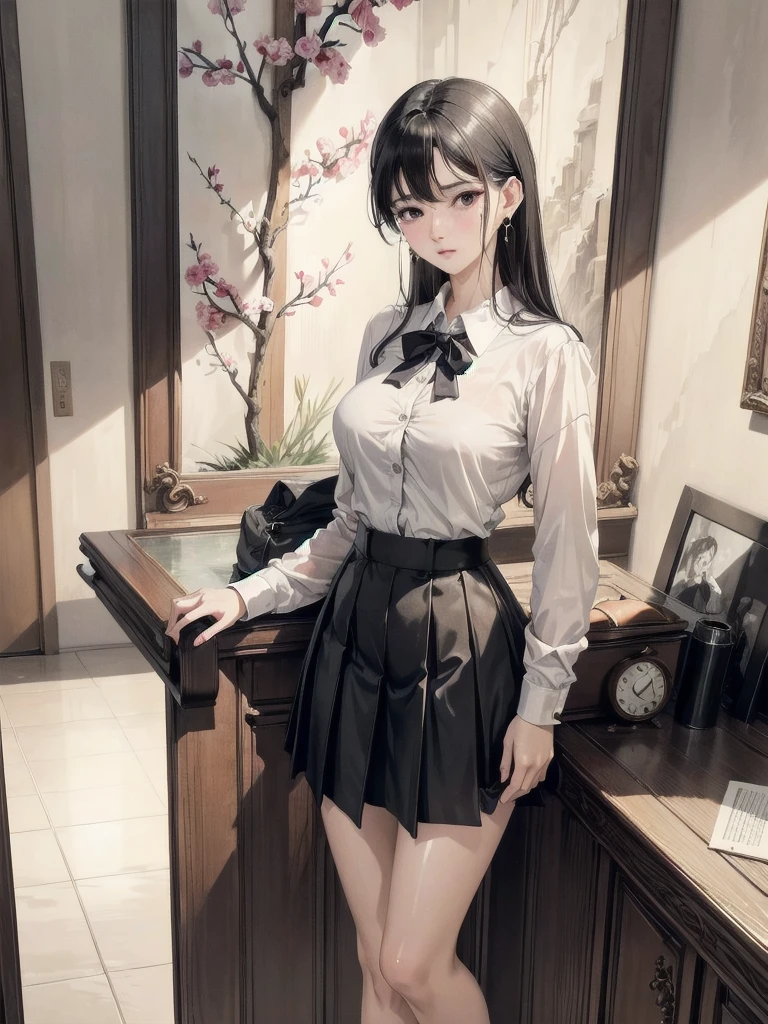 absurdres, RAW photo, extremely delicate and beautiful, masterpiece, Best Quality, ultra high resolution, 32k, hyperrealistic, ultra-detailed, in her 20s, delicate facial features, tearful mole, earring, medium breasts, full body shot, shorter middle black hair, skirt, button up shirt,