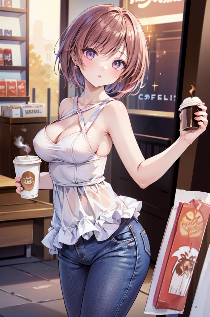 (masterpiece, Best Quality, ultra-detailed, high resolution, extremely detailed CG, official art, Professional Lighting, Perfect Anatomy, anime colors), (from below), looking at viewer, cowboy shot, perfect body, 24yo beautiful 1girl, medium hips, glamorous body,a small face,beautiful-makeup,Makeup light,Shortcut Hair,dark brown hair、Bust b Cup, Amazing Cleavage, thin waist, big ass, Raised sexy, big breast: 1.2 posed cleavage:1.2, (off shoulders,Sportsbra,legginullnude), micro denim shorts, bare legs, nail_polish, pale skin, Waiting friend, (morning:1.5), tokyo, (convenience store:1.3), outdoor, (depth of field:1.3), contrapposto, (Hold a coffee in your hand:1.3),delicate beautiful face, Bright magenta eyes, cute eyes, sparkling eyes, Big eyes, (big breasts:1.3), (perky chest:1.1), (pointed chest:1.3), looking at viewer,