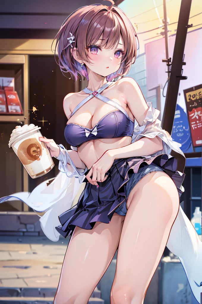 (masterpiece, Best Quality, ultra-detailed, high resolution, extremely detailed CG, official art, Professional Lighting, Perfect Anatomy, anime colors), (from below), looking at viewer, cowboy shot, perfect body, 24yo beautiful 1girl, medium hips, glamorous body,a small face,beautiful-makeup,Makeup light,Shortcut Hair,dark brown hair、Bust b Cup, Amazing Cleavage, thin waist, big ass, Raised sexy, big breast: 1.2 posed cleavage:1.2, (off shoulders,Sportsbra,legginullnude), micro denim shorts, bare legs, nail_polish, pale skin, Waiting friend, (morning:1.5), tokyo, (convenience store:1.3), outdoor, (depth of field:1.3), contrapposto, (Hold a coffee in your hand:1.3),delicate beautiful face, Bright magenta eyes, cute eyes, sparkling eyes, Big eyes, (big breasts:1.3), (perky chest:1.1), (pointed chest:1.3), looking at viewer,