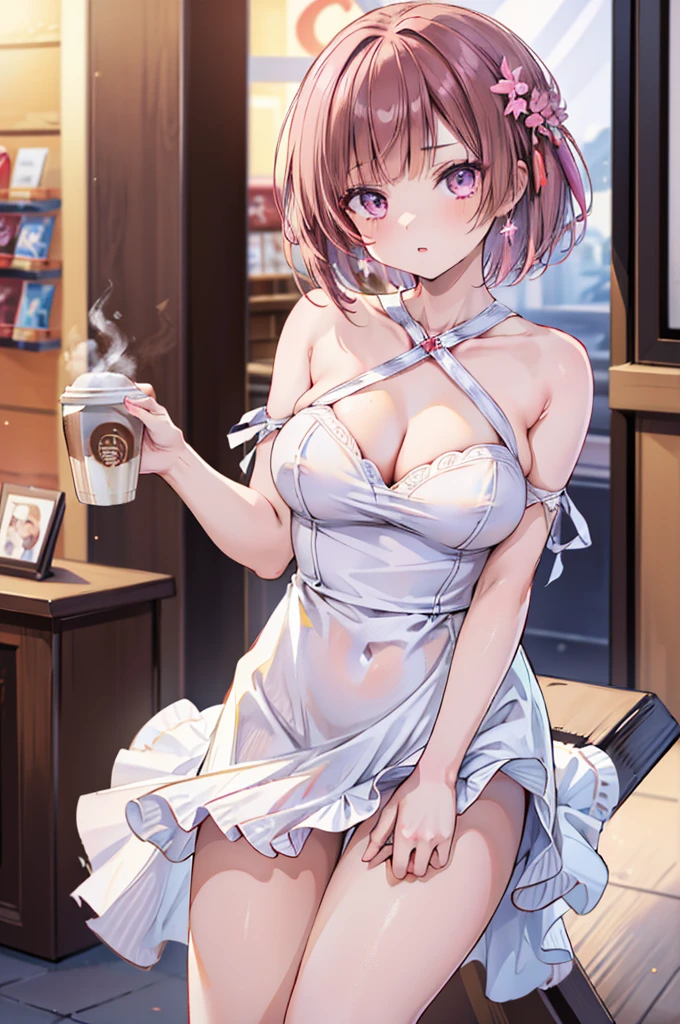 (masterpiece, Best Quality, ultra-detailed, high resolution, extremely detailed CG, official art, Professional Lighting, Perfect Anatomy, anime colors), (from below), looking at viewer, cowboy shot, perfect body, 24yo beautiful 1girl, medium hips, glamorous body,a small face,beautiful-makeup,Makeup light,Shortcut Hair,dark brown hair、Bust b Cup, Amazing Cleavage, thin waist, big ass, Raised sexy, big breast: 1.2 posed cleavage:1.2, (off shoulders,Sportsbra,legginullnude), micro denim shorts, bare legs, nail_polish, pale skin, Waiting friend, (morning:1.5), tokyo, (convenience store:1.3), outdoor, (depth of field:1.3), contrapposto, (Hold a coffee in your hand:1.3),delicate beautiful face, Bright magenta eyes, cute eyes, sparkling eyes, Big eyes, (big breasts:1.3), (perky chest:1.1), (pointed chest:1.3), looking at viewer,