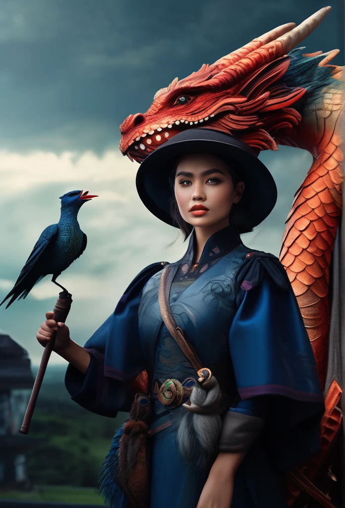 A beautiful girl standing outdoors, holding a weapon, a bird perched on her hand, with a boy standing behind her, both wearing hats, with an eastern dragon and monster in the cloudy, foggy sky, (best quality,4k,8k,highres,masterpiece:1.2),ultra-detailed,(realistic,photorealistic,photo-realistic:1.37),extremely detailed eyes and face,longeyelashes,beautiful detailed lips,highly detailed, cinematic, dramatic lighting, cinematic composition, vibrant colors, fantasy, digital art