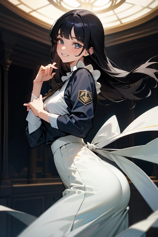 (Highest Resolution, clear_image) Highest quality, Single, One Woman, alone, masterpiece, Very detailed, Semi-realistic, Black Hairのショートヘア, Black Hair, bangs, 18-year-old, mature, light blue uniform, uniform, Indoor Background, kind, Authoritative, Powerful, exquisite features, exquisite features、Eyelashes become longer、Showing teeth、smile😀、Maid clothes、reference、Put your hands on your hippie skirt、Upward glance、Boom in the ass、