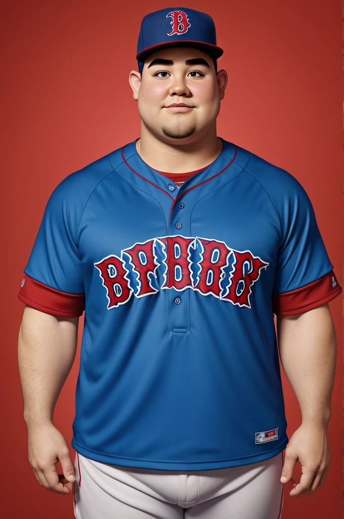 Pixar style boy caricature, hairless , chubby, thick lips with boston red sox baseball shirt 