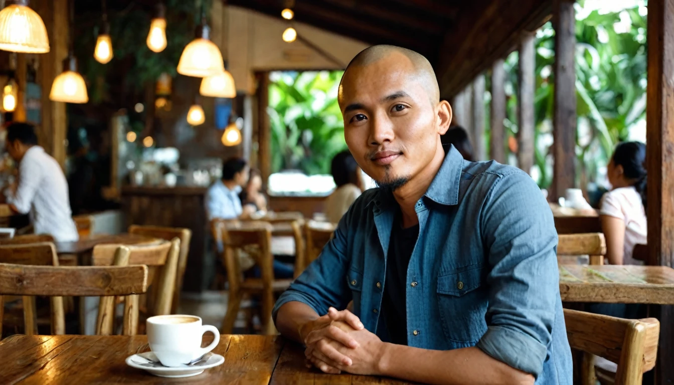Create an image of Adul, an Indonesian man with a shaved head, slightly brownish skin, 30 years old, wearing a simple blue shirt and jeans. He is sitting at a table in a cozy, warmly lit café. As Adul looks up from his coffee, a beautiful woman with long, wavy hair, wearing a stylish dress, walks by his side, catching his attention. The woman moves gracefully, and Adul’s gaze follows her, clearly captivated. The café has a rustic charm with wooden tables, dim hanging lights, and a warm, inviting atmosphere.