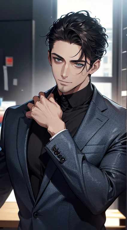 (best quality,4k,8k,highres,masterpiece:1.2),ultra-detailed,(realistic,photorealistic,photo-realistic:1.37),1 man,31 years old,mature man,very handsome,without expression,smile,short grey black hair,blue eyes,penetrating gaze,perfect face without errors,imposing posture,businessman,office background,cinematic lighting,hdr image
