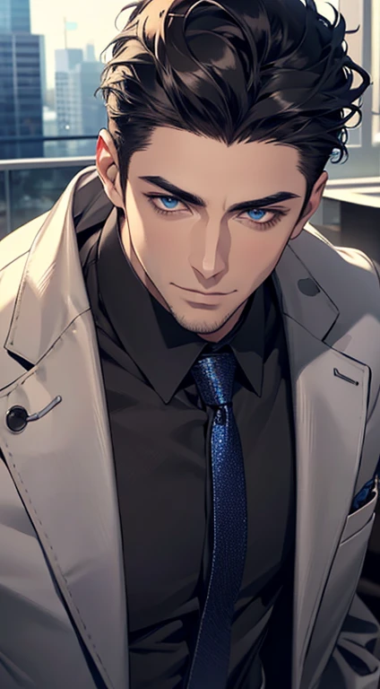 (best quality,4k,8k,highres,masterpiece:1.2),ultra-detailed,(realistic,photorealistic,photo-realistic:1.37),1 man,31 years old,mature man,very handsome,without expression,smile,short grey black hair,blue eyes,penetrating gaze,perfect face without errors,imposing posture,businessman,office background,cinematic lighting,hdr image