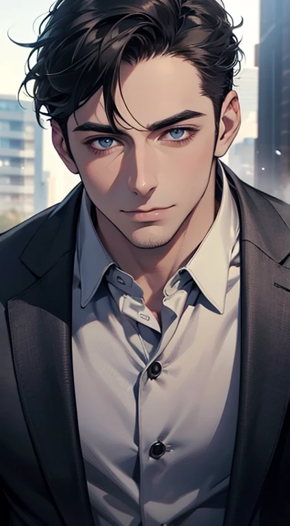 (best quality,4k,8k,highres,masterpiece:1.2),ultra-detailed,(realistic,photorealistic,photo-realistic:1.37),1 man,31 years old,mature man,very handsome,without expression,smile,short grey black hair,blue eyes,penetrating gaze,perfect face without errors,imposing posture,businessman,office background,cinematic lighting,hdr image