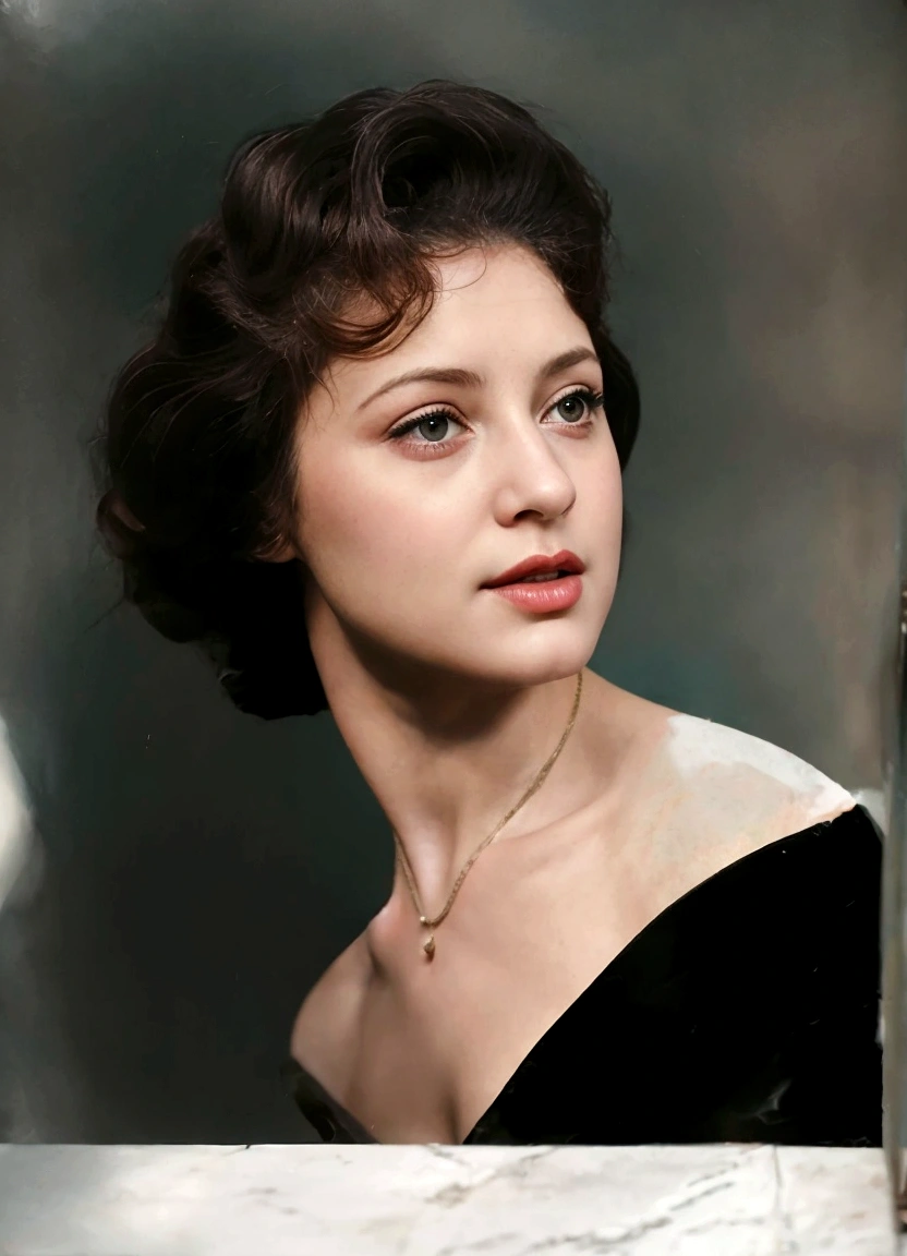 there is a woman that is looking at the camera, a colorized photo, restored color, color portrait, colorized background, colorized photo, digital art of an elegant, old color photograph, inspired by Elaine Duillo, portrait digital art, vintage color photo, colorized photograph, in a oil painting style, old color photo, digitally painted, digital art. photo realistic