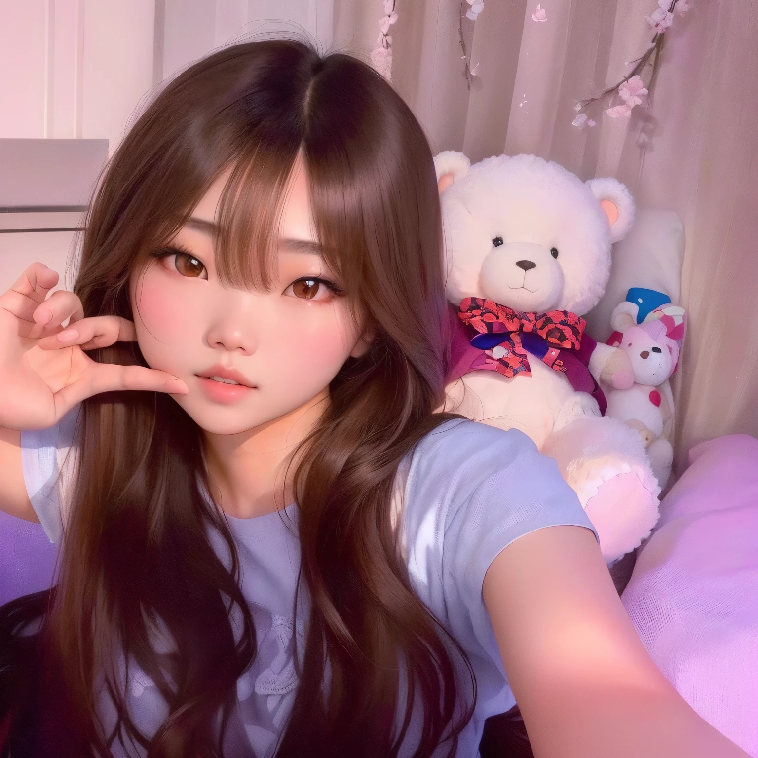 korean girl with long brown hair posing for a picture with a white teddy bear in the background, lalisa manobal, ulzzang, lalisa manoban of blackpink, jossi of blackpink, brown long hair with bangs, roseanne park of blackpink, with bangs, long hair with bangs, long hair with full bangs, brown hair and bangs, korean girl, wearing a pink shirt with round big neckline, anatomically correct, pretty nose, white skin, bare neckline
