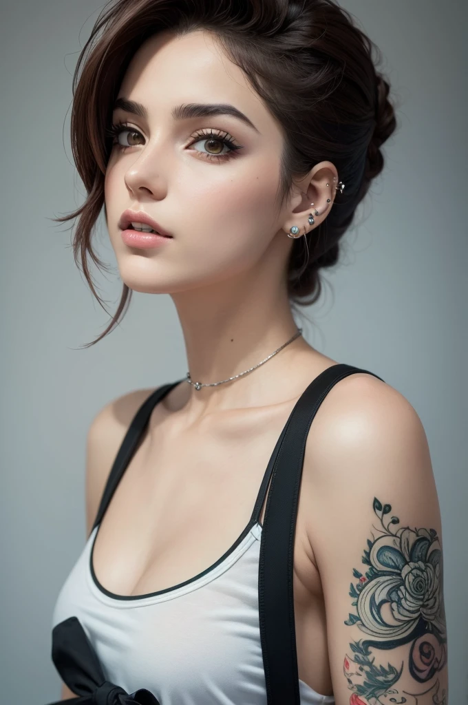 digital art, beautiful girl with a plain strapless top and a sleeve tattoo, doll style