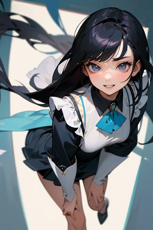 (Highest Resolution, clear_image) Highest quality, Single, One Woman, alone, masterpiece, Very detailed, Semi-realistic, Black Hairのショートヘア, Black Hair, bangs, 18-year-old, mature, light blue uniform, uniform, Indoor Background, kind, Authoritative, Powerful, exquisite features, exquisite features、Eyelashes become longer、Showing teeth、smile😀、Maid clothes、reference、Put your hands on your hippie skirt、Upward glance、Boom in the ass、