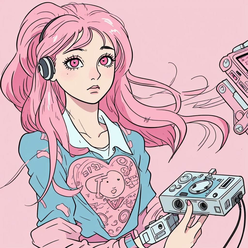 A woman holding a cassette tape is depicted.、It gives a feeling of nostalgia and retro music.。The background is pink, with detailed depictions of hair and expressive line drawings.、The illustration style is reminiscent of manga and anime.。