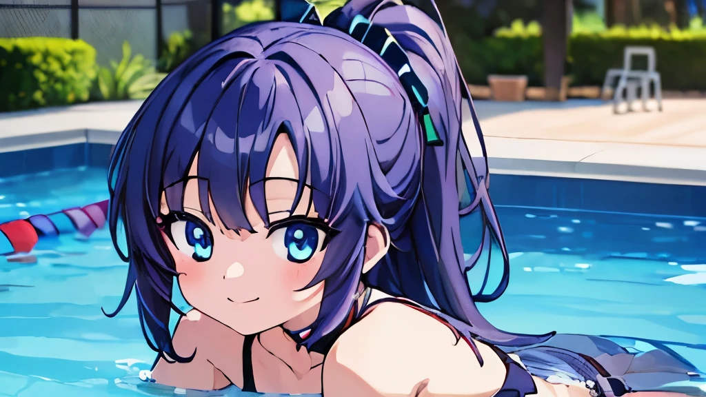 ((masterpiece)), ((best quality)), (ultra-detailed), anime style, pool, a cute girl, 1girl, solo, ((beautiful eyes)), smile, bikini00,