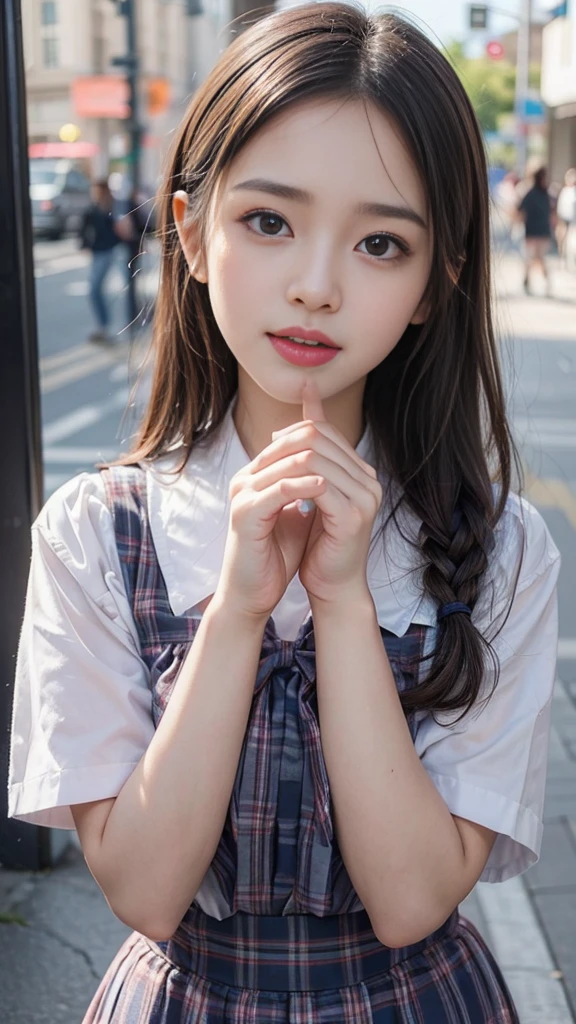 ((A beautiful girl licks the tip deliciously)), (-facel:1.3, Cute scho), Captivating Lips, Sexy look, Beautiful breasts, Slender body line, ((Detailed eyes and face:1.2, Professional photography techniques)), (View the viewer, blush:1.2), (Detailed hands:1.2), (Highest quality, 8K, masterpiece:1.2, RAW Photos), (Photorealism:1.4)