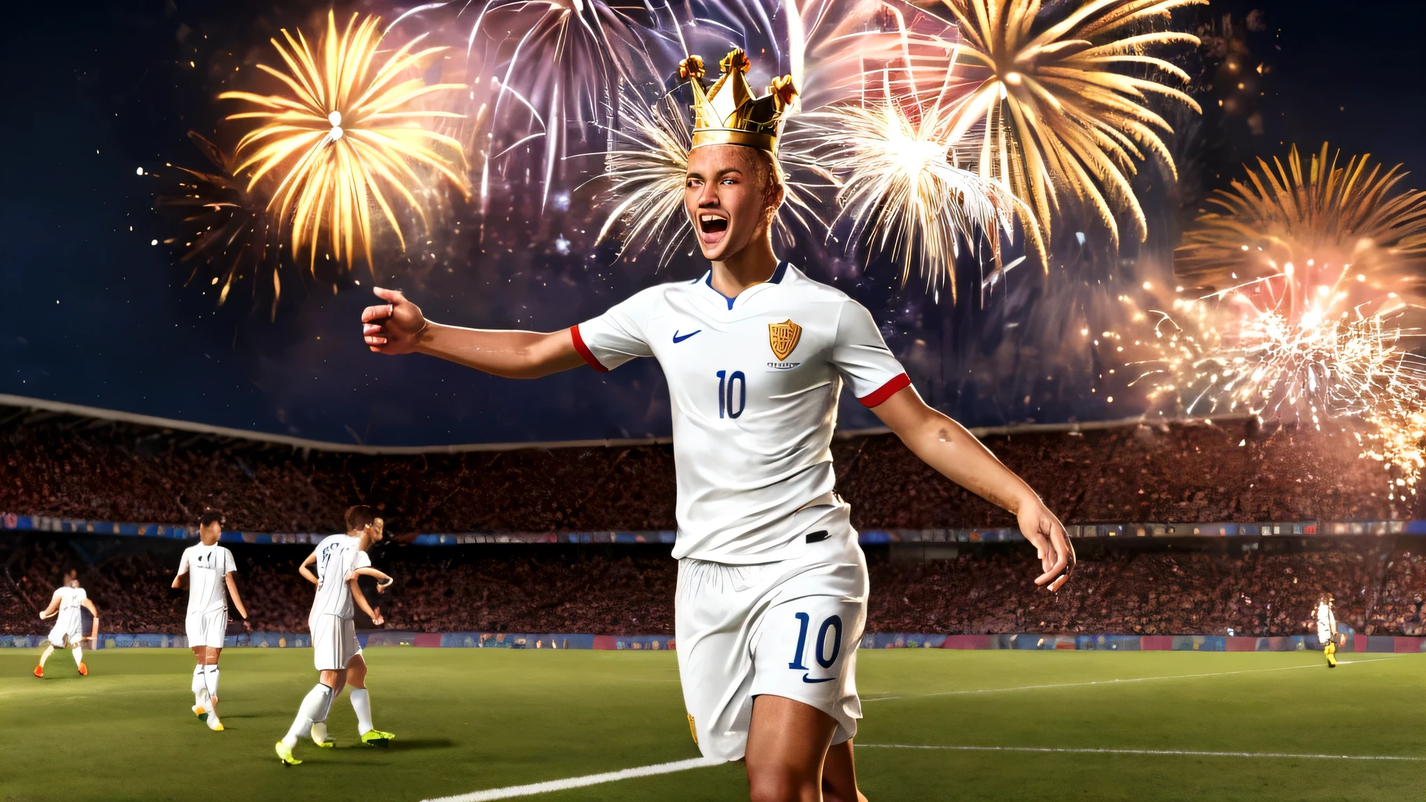 soccer player, golden crown on the head, euphoric celebration, soccer field, jersey number 10, fireworks