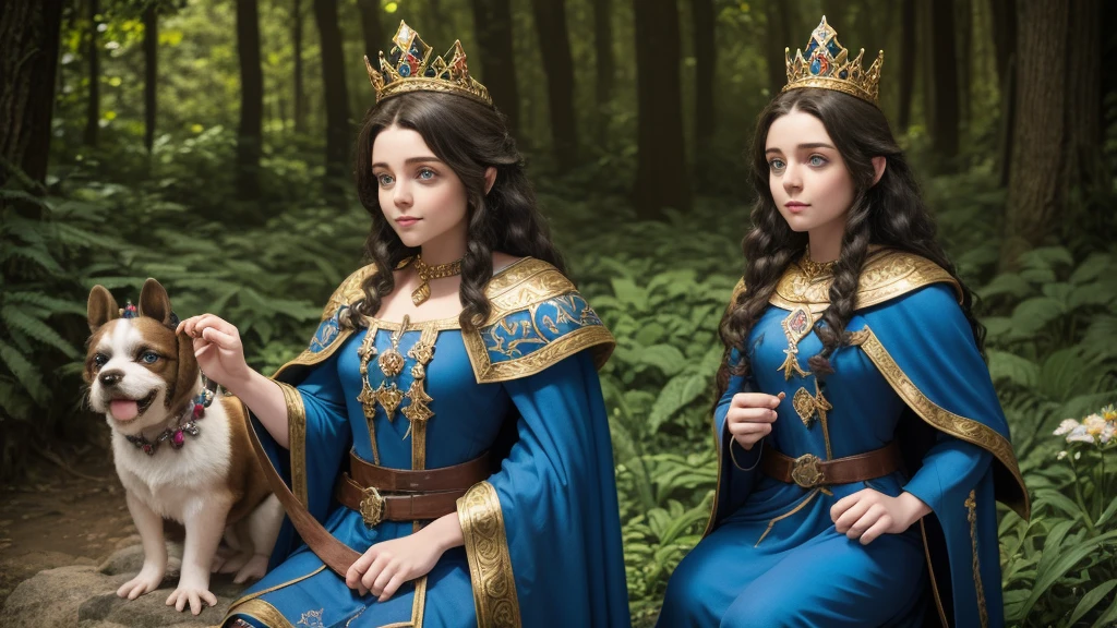 A single small, blue-eyed, pointy-eared gnome stands alone, wearing a crown of flowers and adorned with intricate jewelry. She has curly hair and a cape with a crossed brooch. She has a small green frog with a backpack sitting on her shoulder. She alone is riding a single Saint Bernard dog with a potion collar. The background is a dreamy forest, set in a medieval RPG dungeon and dragon