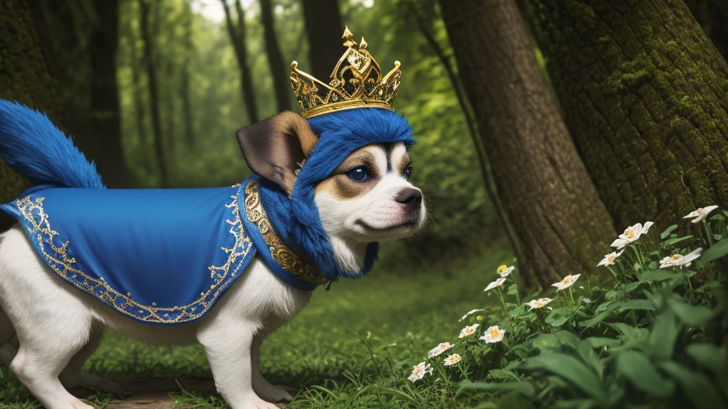 A single small, blue-eyed, pointy-eared gnome stands alone, wearing a crown of flowers and adorned with intricate jewelry. She has curly hair and a cape with a crossed brooch. She has a small green frog with a backpack sitting on her shoulder. She alone is riding a single Saint Bernard dog with a potion collar. The background is a dreamy forest, set in a medieval RPG dungeon and dragon