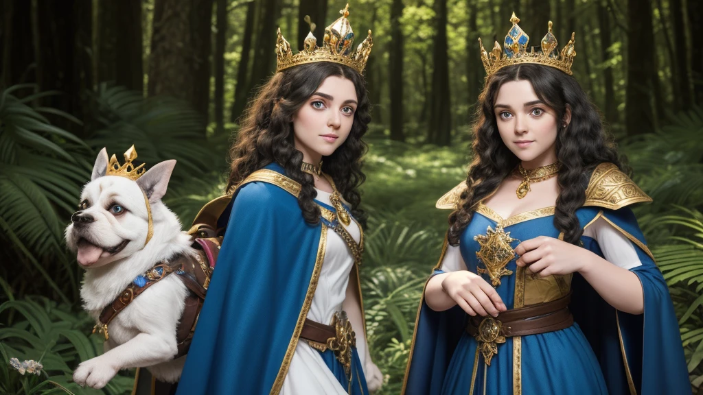 A single small, blue-eyed, pointy-eared gnome stands alone, wearing a crown of flowers and adorned with intricate jewelry. She has curly hair and a cape with a crossed brooch. She has a small green frog with a backpack sitting on her shoulder. She alone is riding a single Saint Bernard dog with a potion collar. The background is a dreamy forest, set in a medieval RPG dungeon and dragon