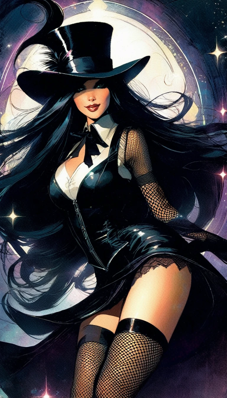 Magician girl, wearing magician hat, long black hair, elegant and sexy, vest, miniskirt, fishnet stockings, magic, fantastic, background, dark tones, art inspired by Bill Sienkiewicz