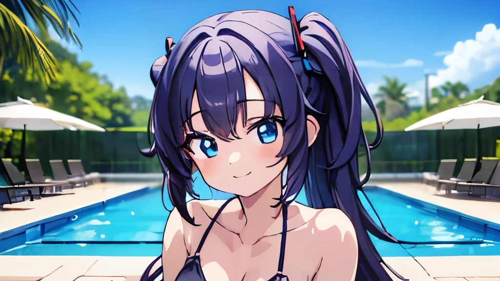 ((masterpiece)), ((best quality)), (ultra-detailed), anime style, pool, a cute girl, 1girl, solo, ((beautiful eyes)), smile, bikini00,