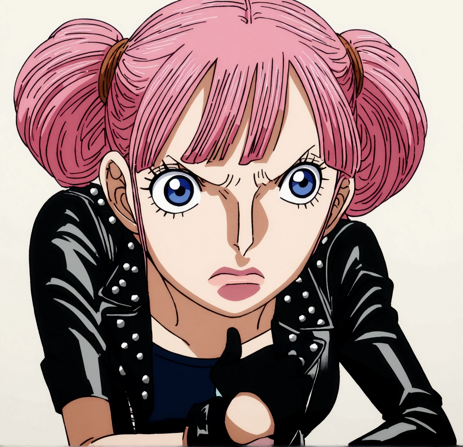 1 girl, with pink hair tied in two pigtails and blue bangs, Dark blue eyes, leather jacket, simple black t-shirt, Gloves without fingers, One Piece anime style (Wano Saga)