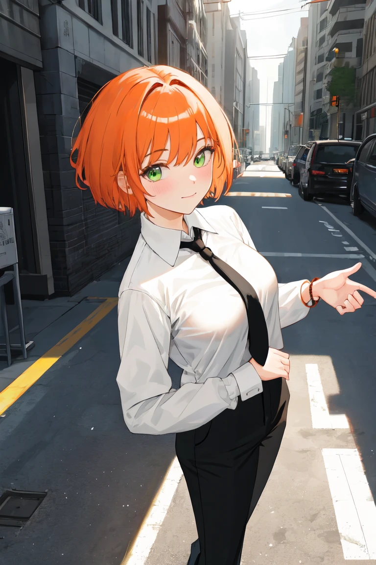 masterpiece, best quality, highly detailed background, perfect lighting, best quality, (extremely detailed face), volumetric lighting, intricate details, shadow, tonemapping, sharp focus, hyper detailed, trending on Artstation, (solo)
BREAK
(Blush, orange hair, green eyes, 25 years old, short hair, medium build, medium breasts ), (hands)
BREAK
((White shirt, long sleeve shirt, black pants, black tie, red bracelet))
BREAK
(city street )
BREAK
(Standing, facing_viewer,looking_at_viewer, light smile, closed mouth)
