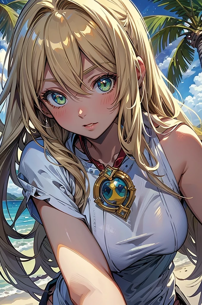 masterpiece, rich colors, Best quality, detailed, high resolution, Hyper quality, high detail, , high quality, detailing, skinny sexy girl on the beach , bright lighting , green eyes, Anime, palm trees, bright lighting, blonde,