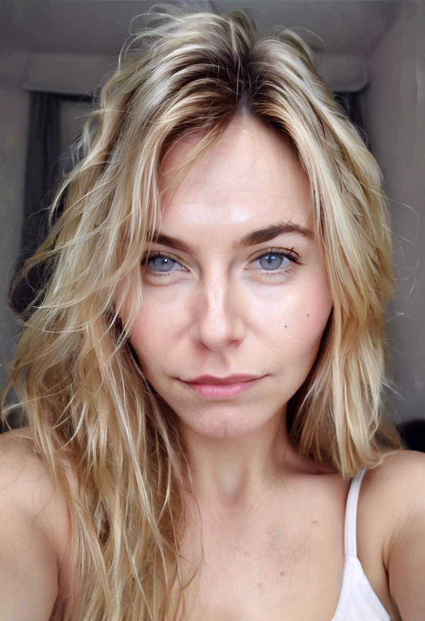 WOMAN 35 YEARS OLD, long blonde messy hair, with open pores, wrinkles, gray eyes, big face and full lips, bushy eyebrows, is looking straight into the camera, with a welcoming look, , homemade looking photo, no effects and shine, must look like a real person, cell phone selfie photo, must have background image, whether the fourth,