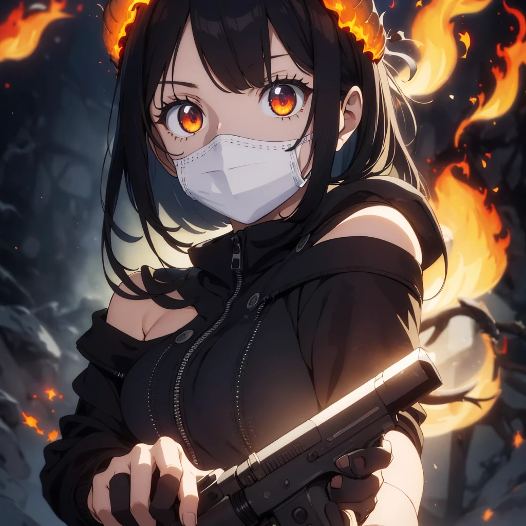 ((best quality)), ((masterpiece)), (detailed),score_9, score_8_up, score_8_up, 1girl, depth of field, raw, intimate shot, (goth girl, face mask, ski mask, close jacket, off the shoulder, ((glowing particles, flames)), large perfect breasts, (holding a weapon), hold a weapon, gun, gamer, AK12